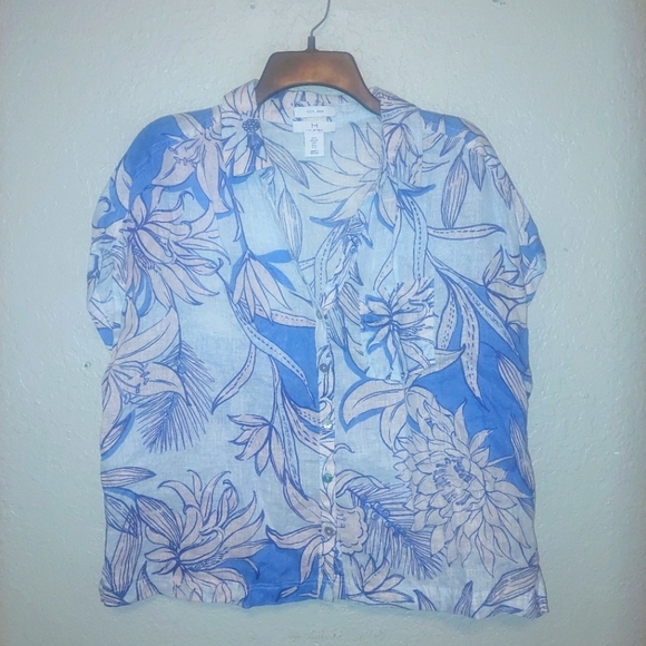 Halston Linen Women Large Top Shirt Tunic Blouse Blue Floral Button Down - Picture 1 of 5